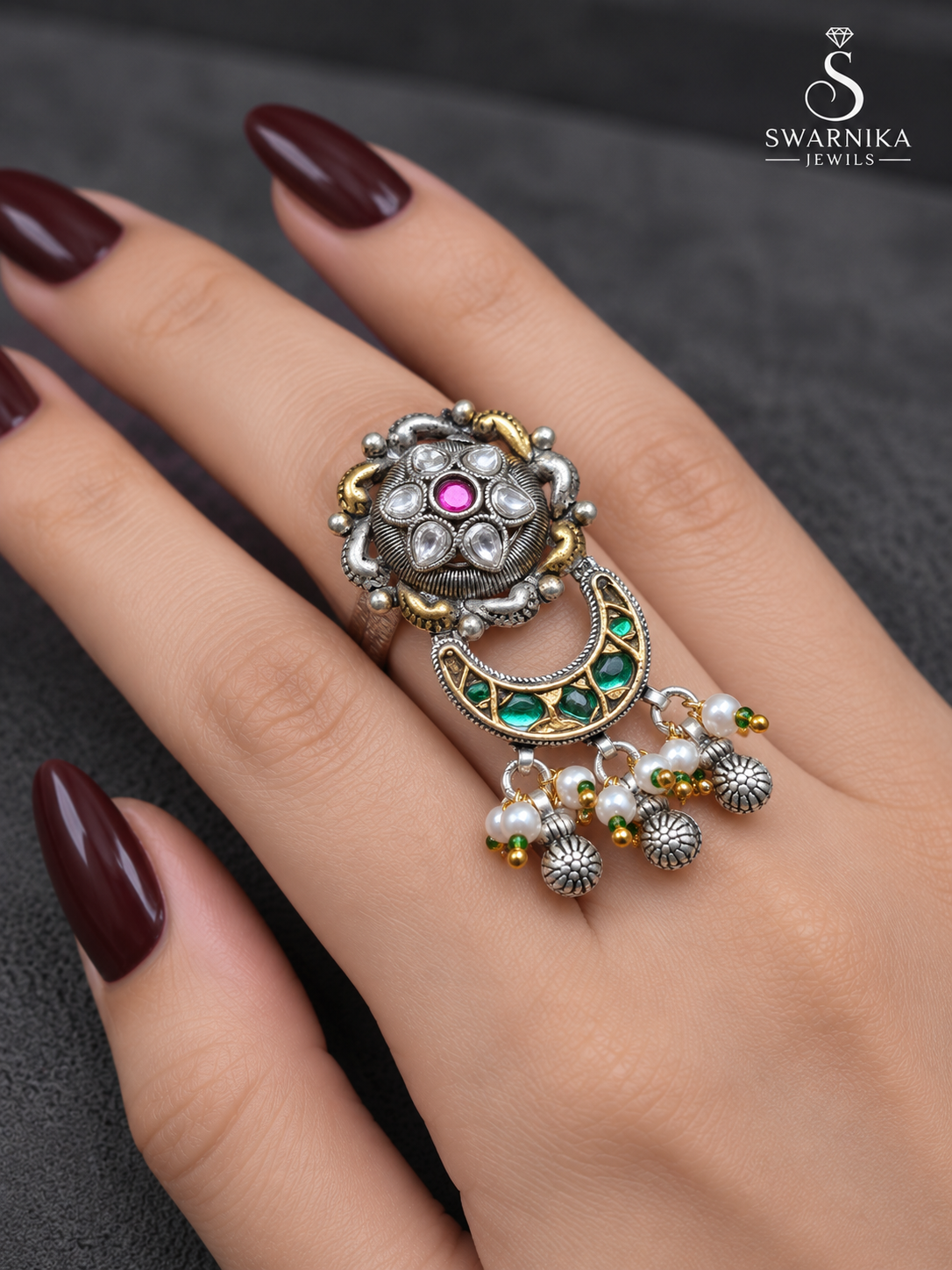 Pink Polki Green Crescent Statement Ring view 3