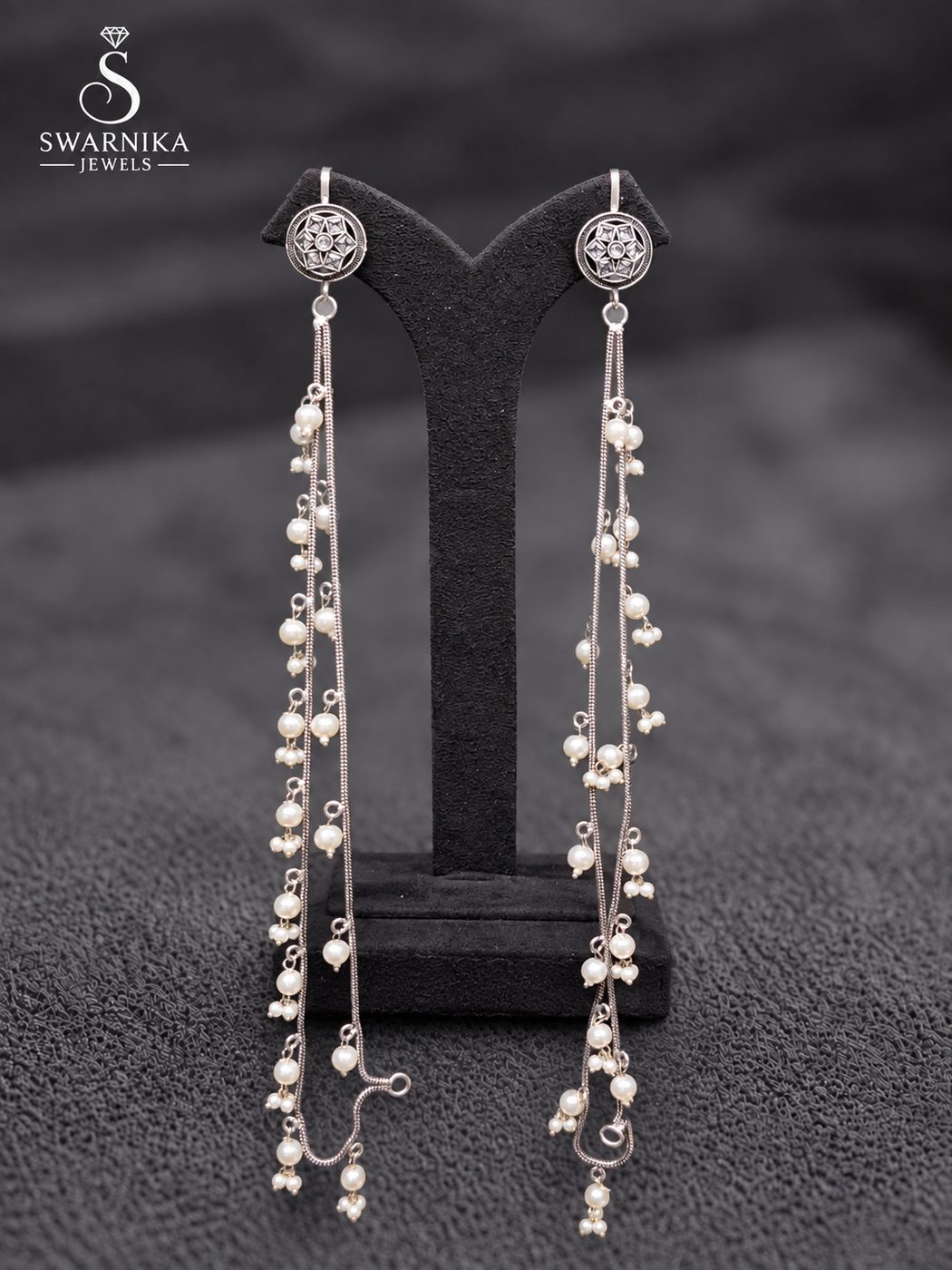 Polished Floral Pearl Rope Chain Earrings view 1