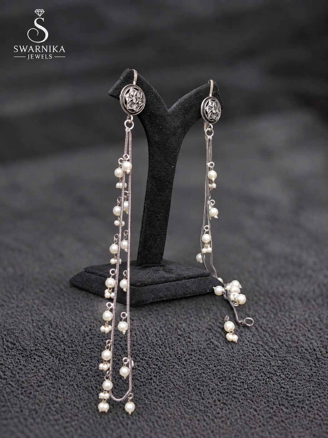 Polished Floral Pearl Rope Chain Earrings view 2