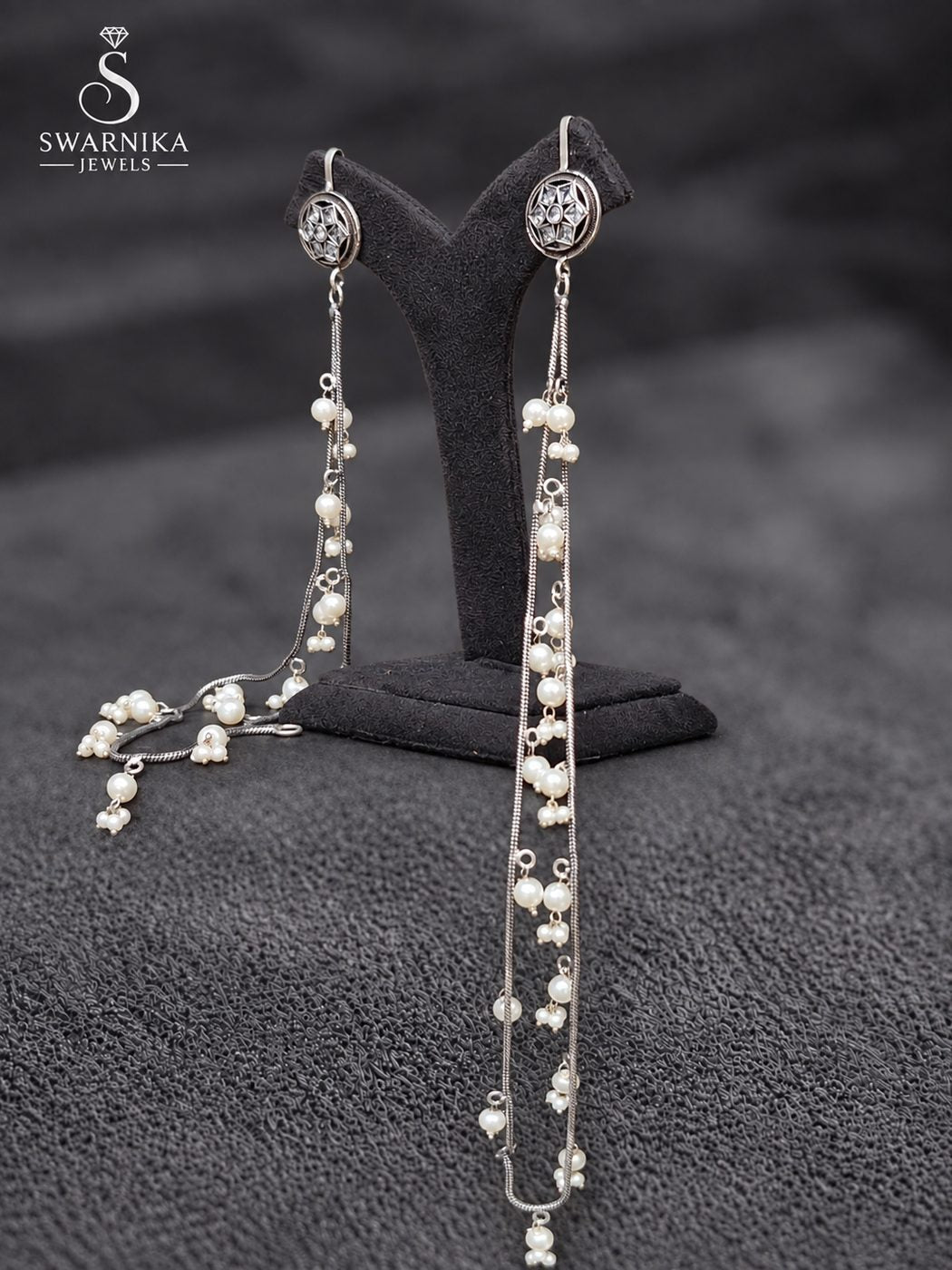 Polished Floral Pearl Rope Chain Earrings view 3