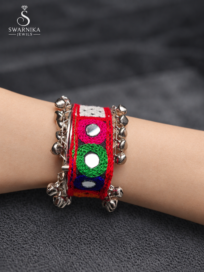 Red Border Multicolour Embroidery Kada