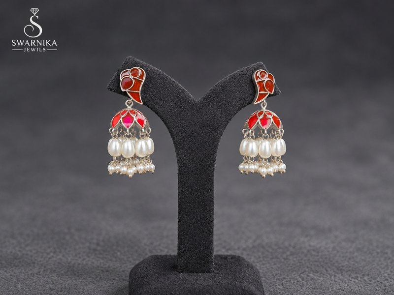 Red Enamel Silver Pearl Fringe Jhumkas