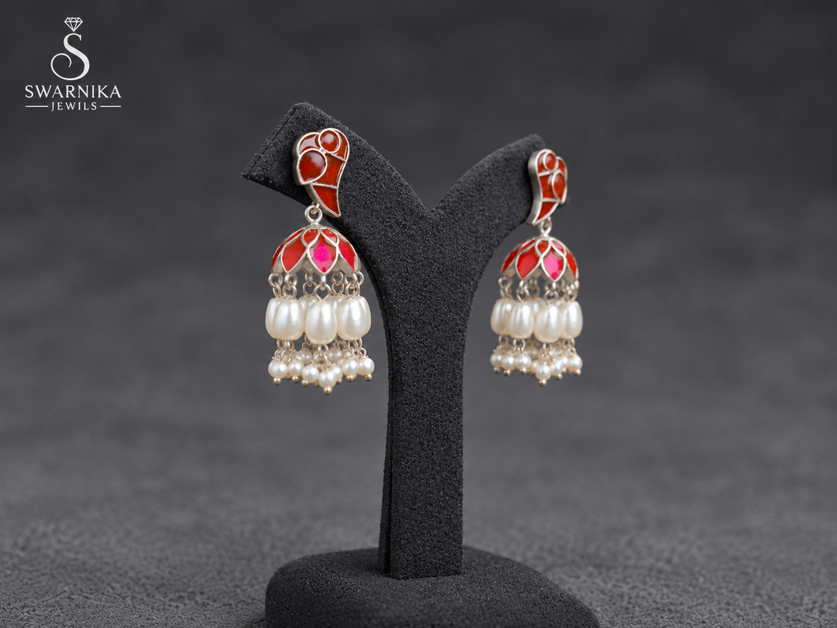 Red Enamel Silver Pearl Fringe Jhumkas view 2