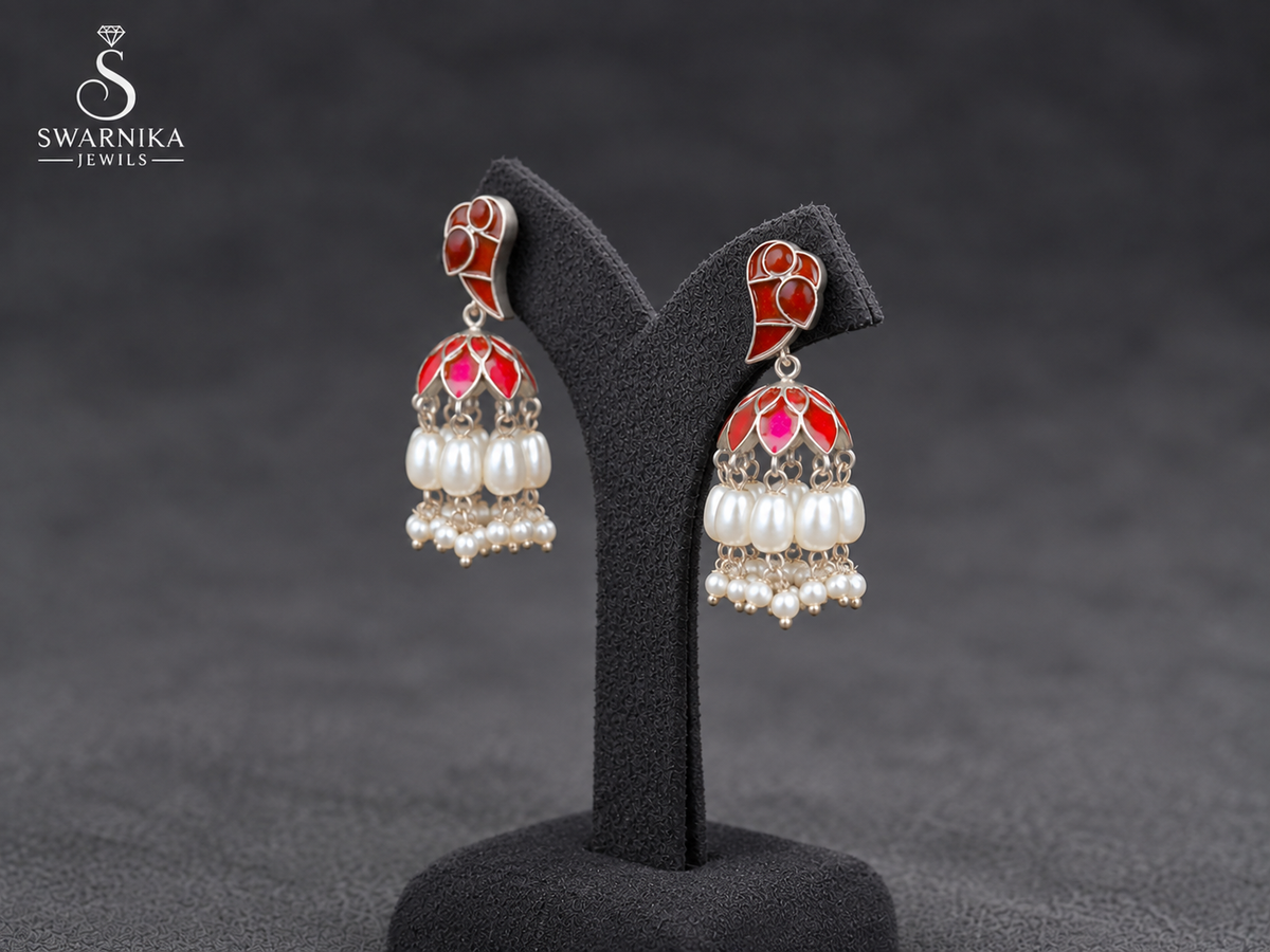Red Enamel Silver Pearl Fringe Jhumkas view 3