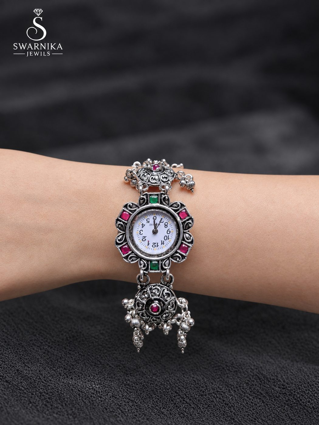 Red Green Stone Circular Link Bracelet Watch view 1