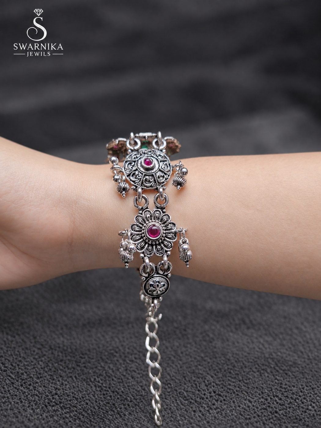Red Green Stone Circular Link Bracelet Watch view 2
