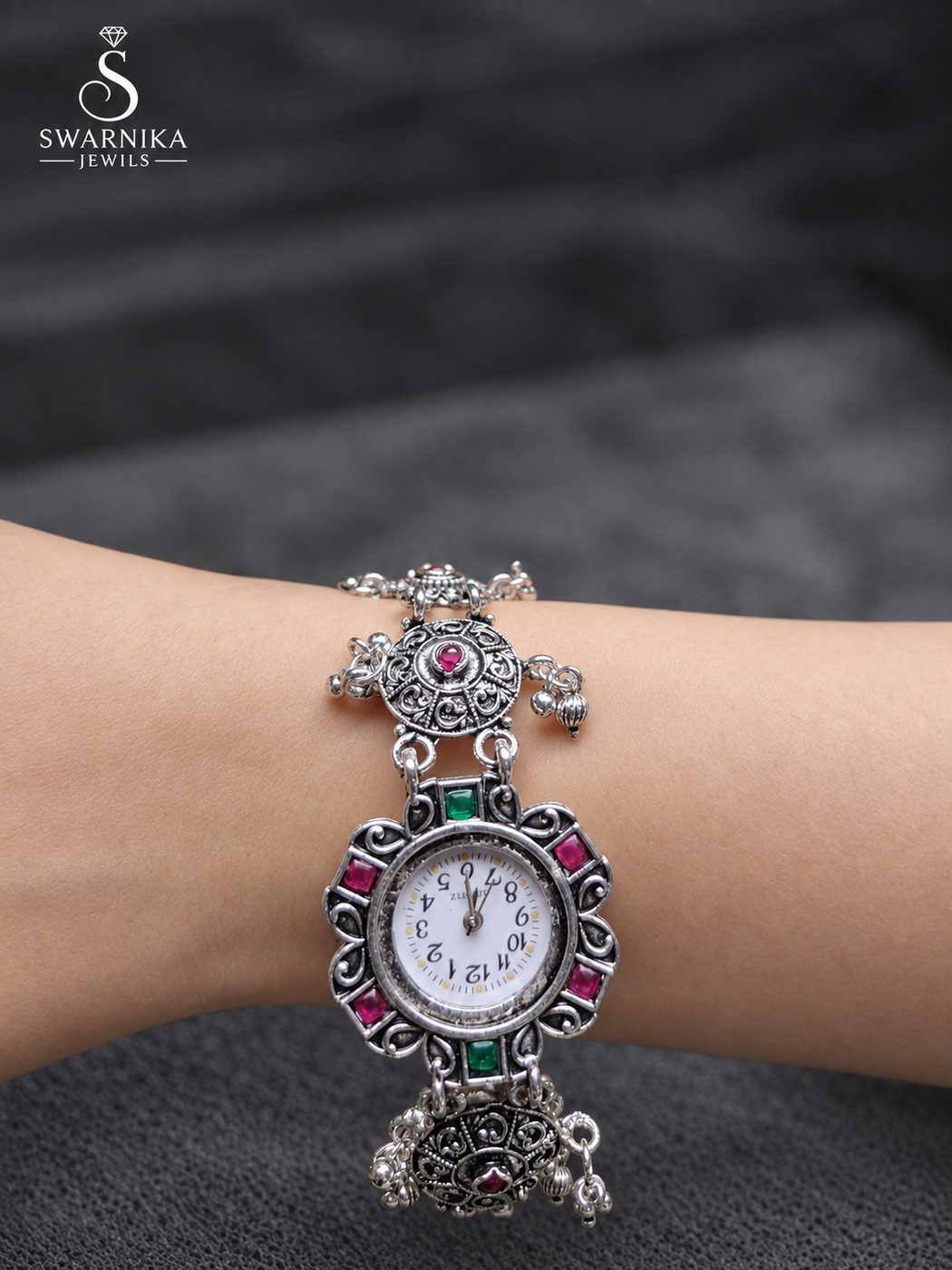 Red Green Stone Circular Link Bracelet Watch view 3