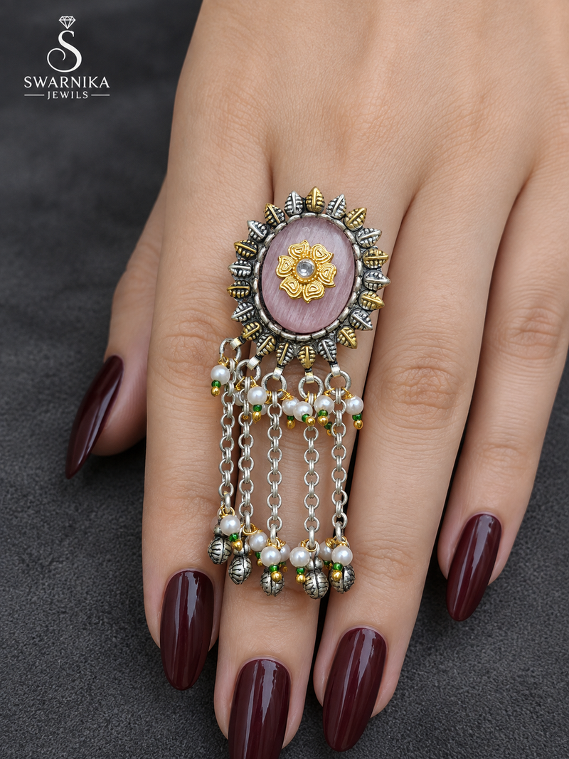 Rose Cabochon Gold Flower Chain Ring