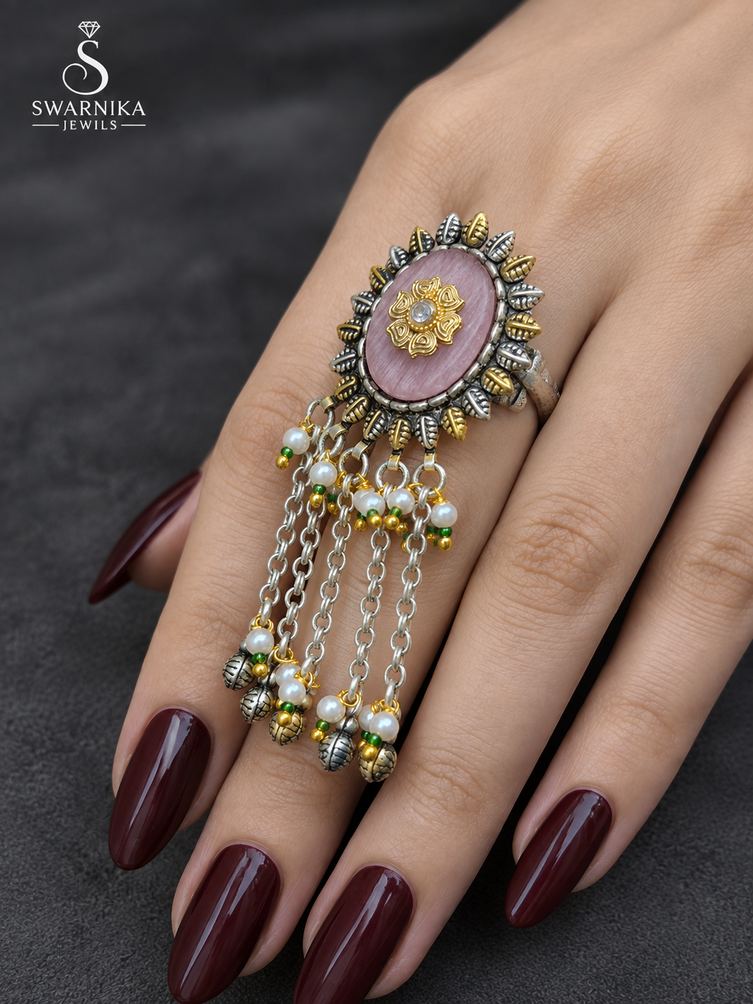 Rose Cabochon Gold Flower Chain Ring view 2