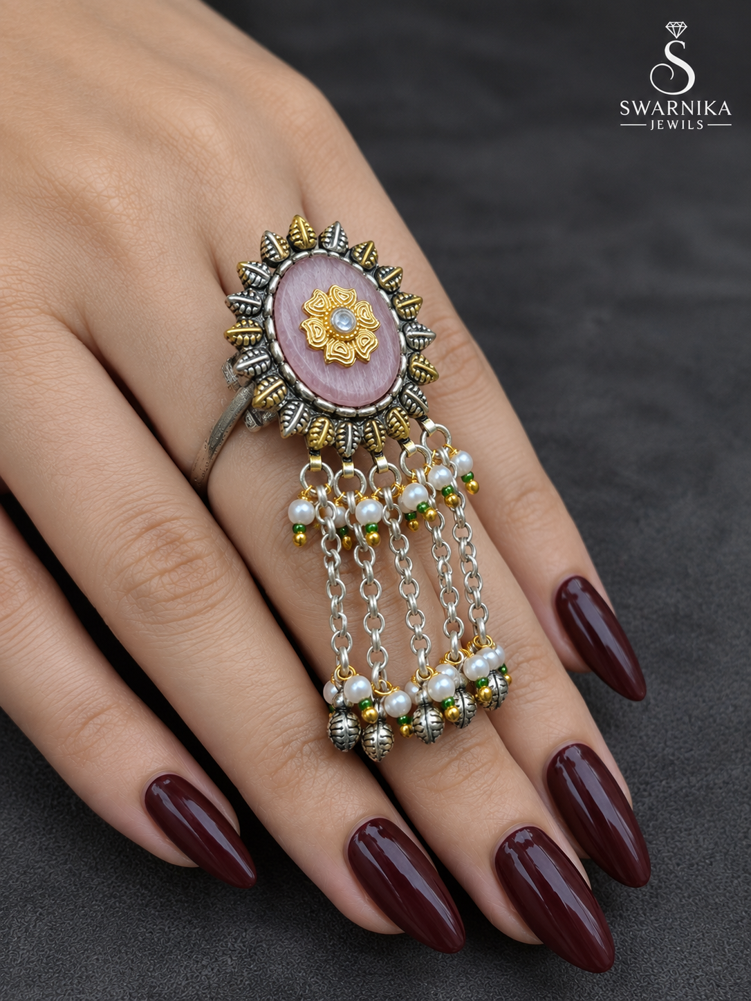 Rose Cabochon Gold Flower Chain Ring view 3
