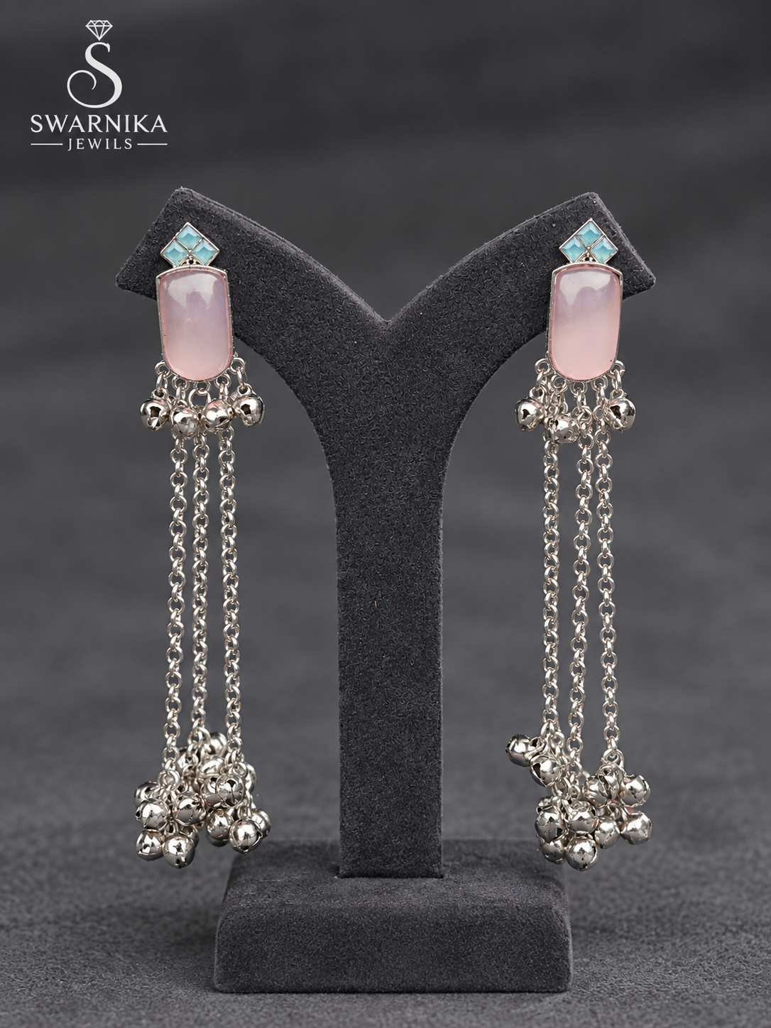 Rose Quartz Aqua Chain Drop Earrings view 1