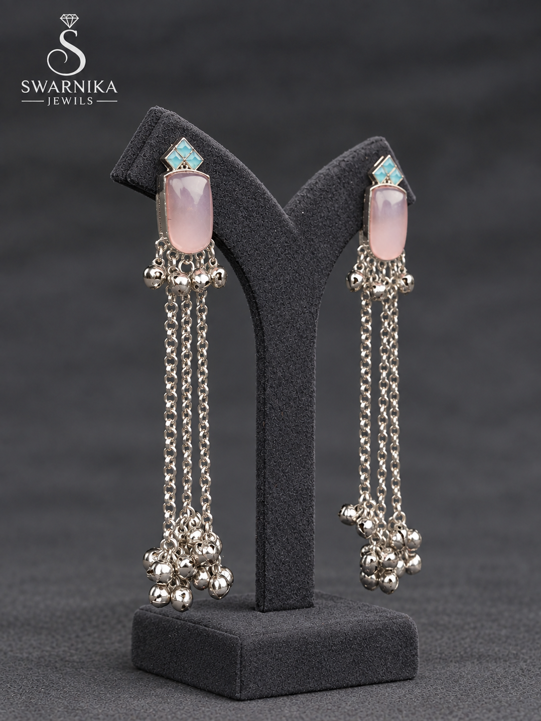 Rose Quartz Aqua Chain Drop Earrings view 2