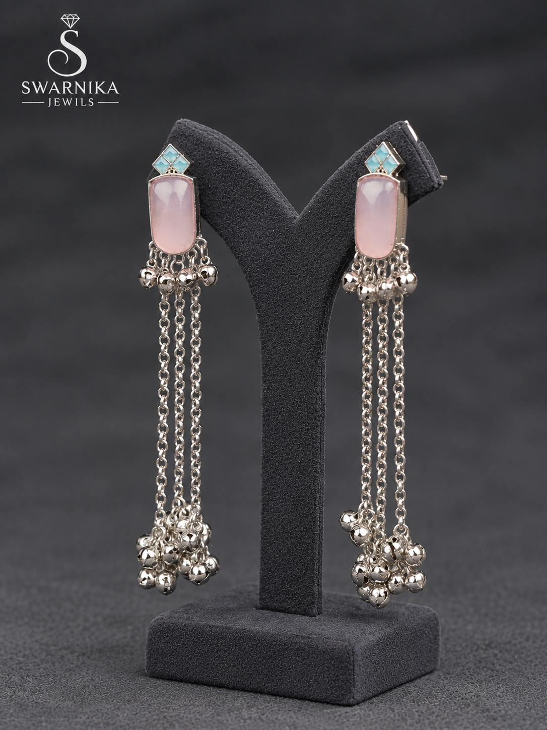 Rose Quartz Aqua Chain Drop Earrings view 3