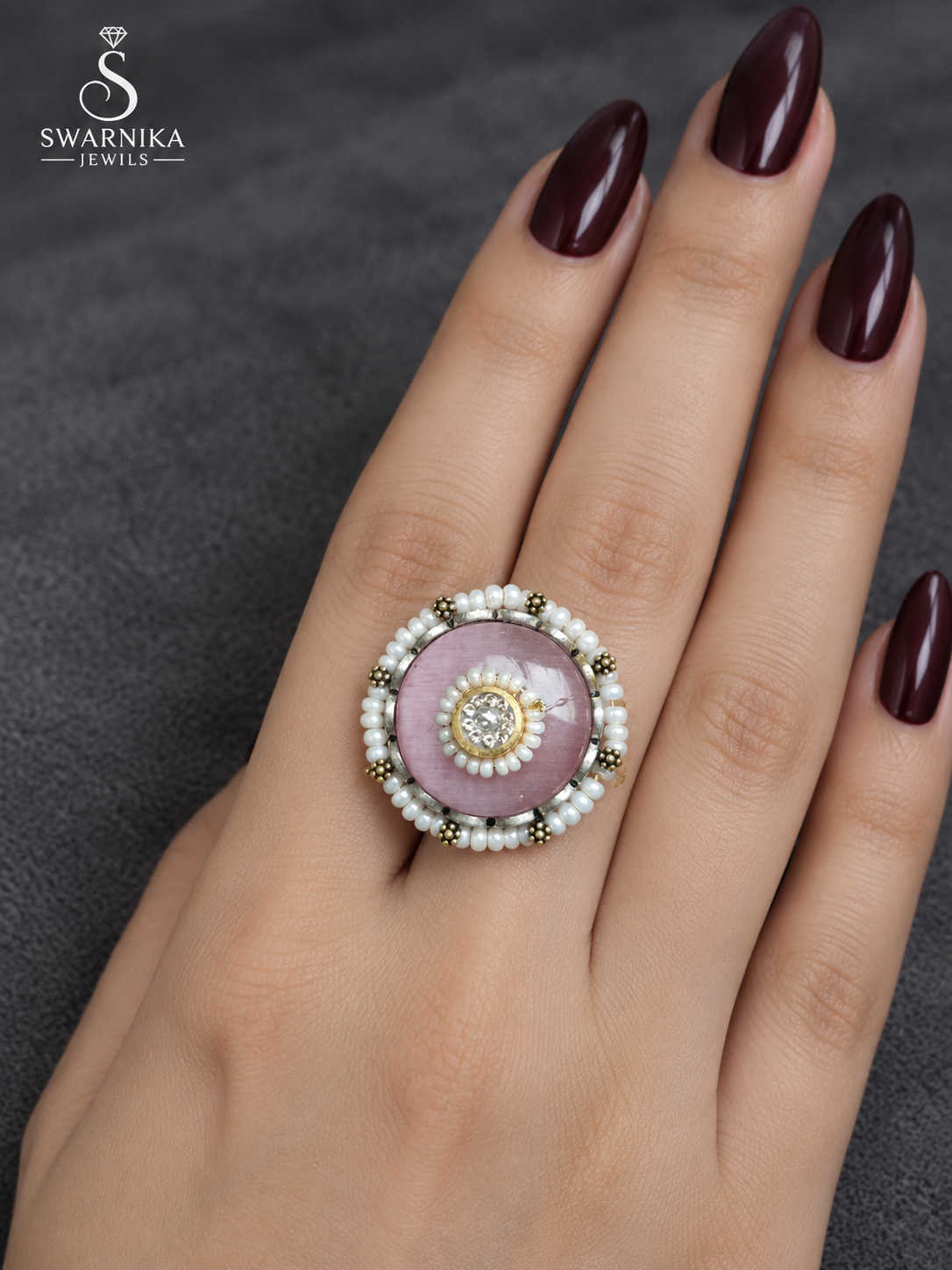 Rose Quartz Pearl Halo Cocktail Ring view 1