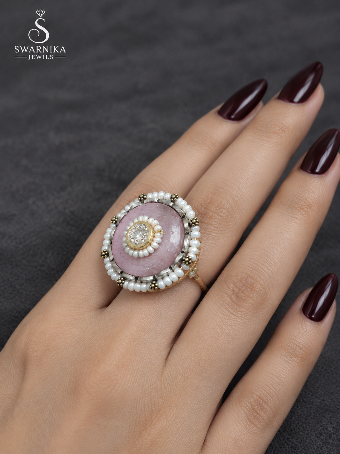 Rose Quartz Pearl Halo Cocktail Ring view 2