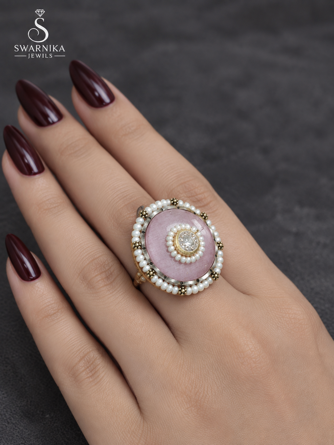 Rose Quartz Pearl Halo Cocktail Ring view 3