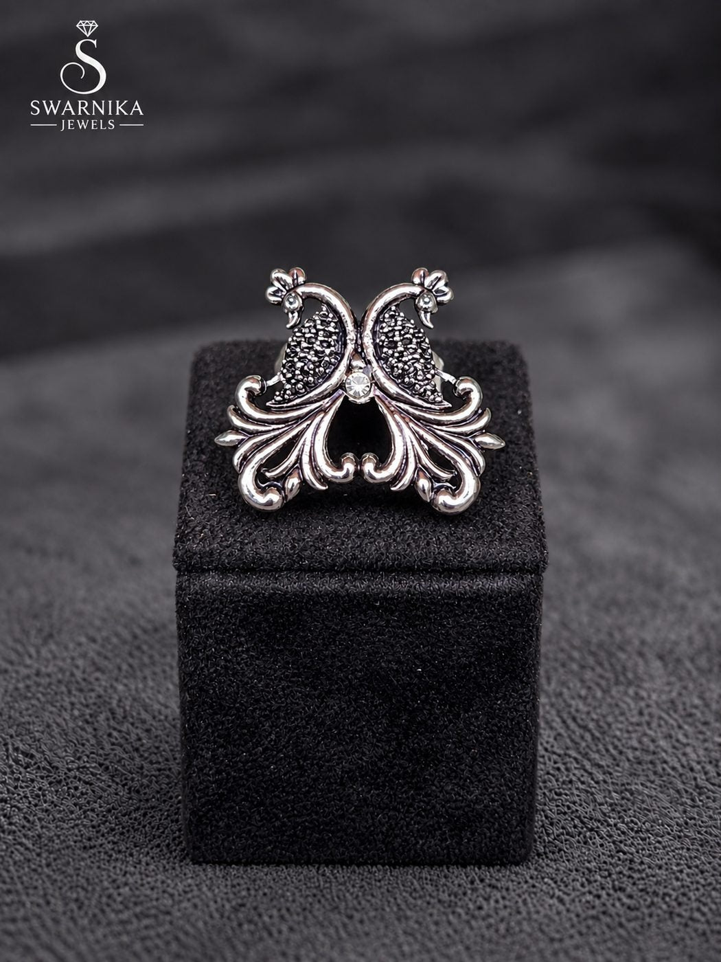 Round Filigree Oxidised Ring view 1