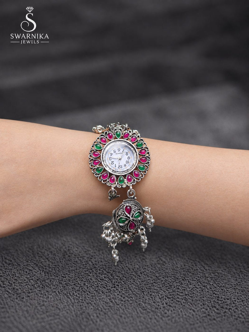 Ruby Emerald Drop Oxidised Bracelet Watch