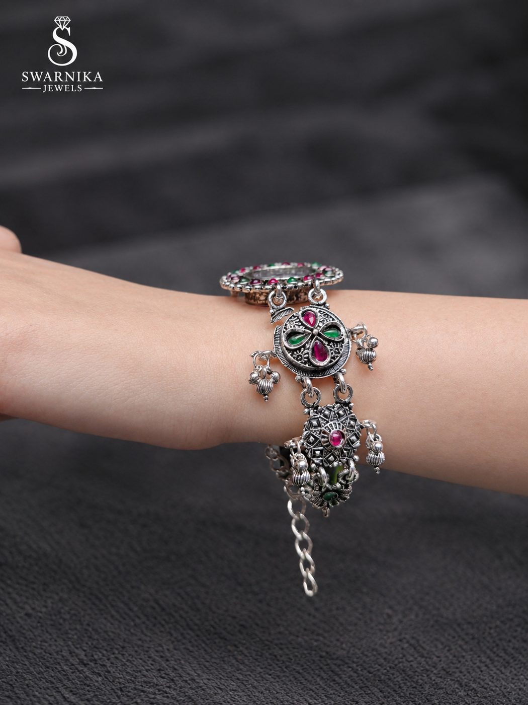 Ruby Emerald Drop Oxidised Bracelet Watch view 2