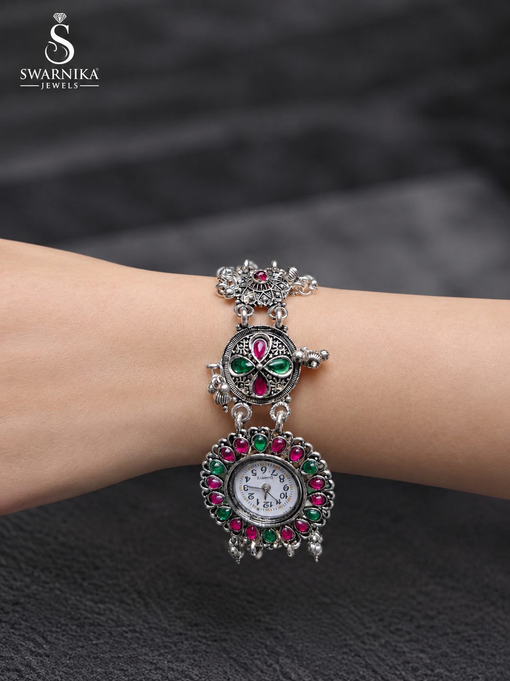 Ruby Emerald Drop Oxidised Bracelet Watch view 3