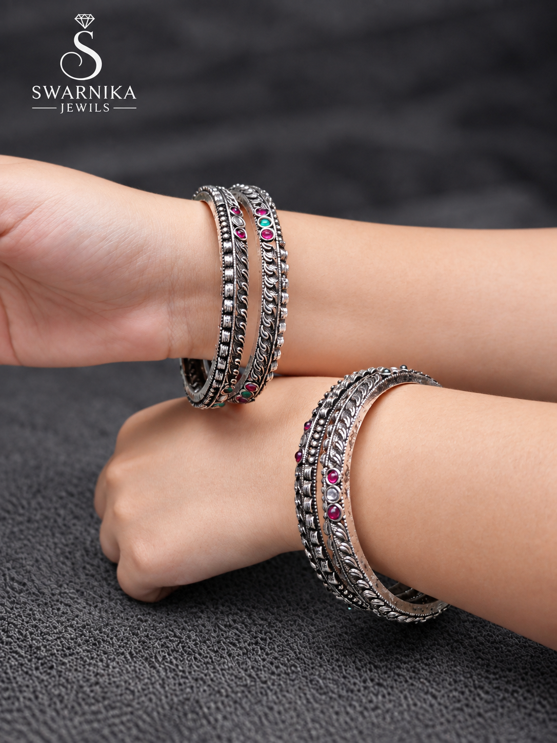 Ruby Emerald Oxidised Embossed Kada Set view 1