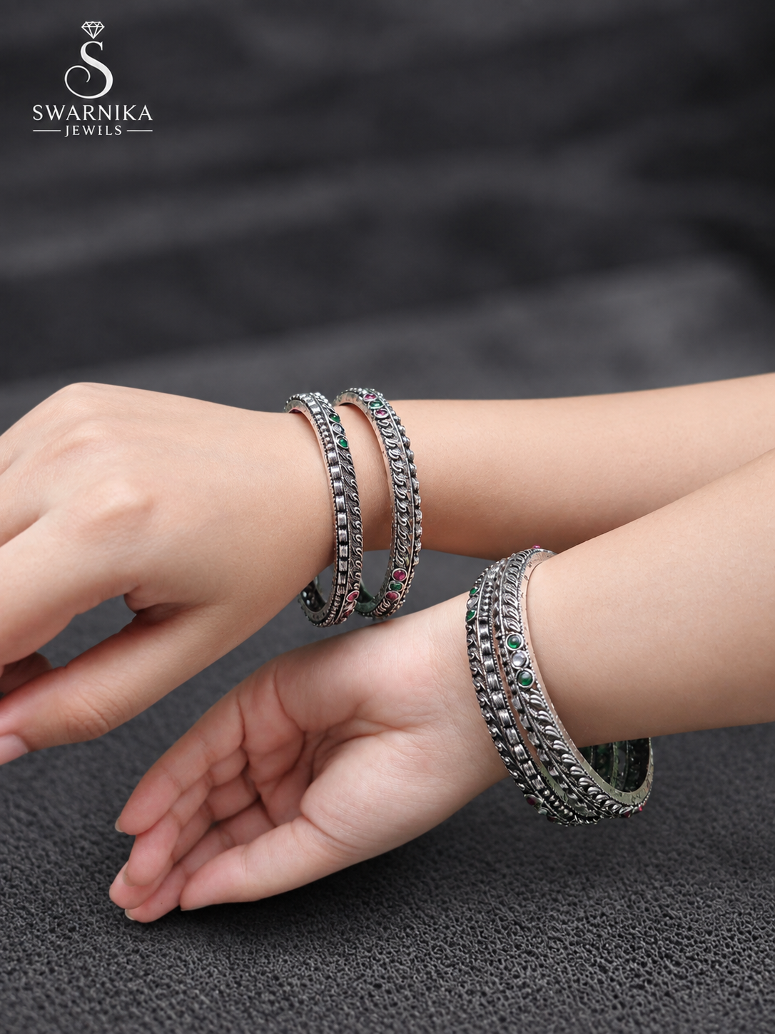 Ruby Emerald Oxidised Embossed Kada Set view 2