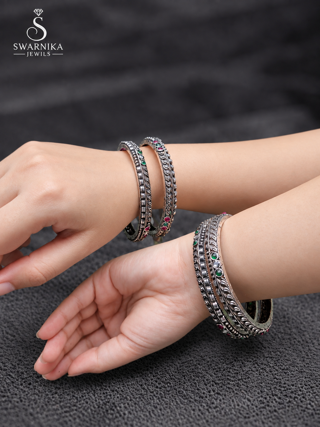 Ruby Emerald Oxidised Embossed Kada Set view 3