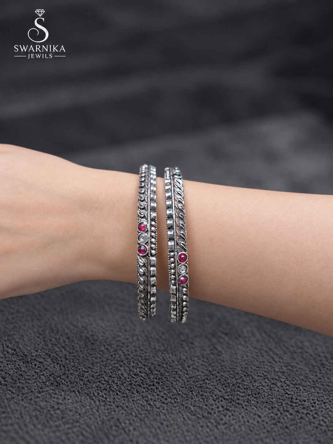 Ruby Emerald Oxidised Embossed Kada Set view 4