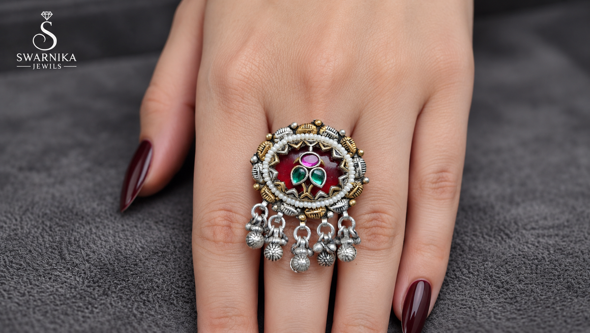 Ruby Red Pearl Oxidised Medallion Ring view 1