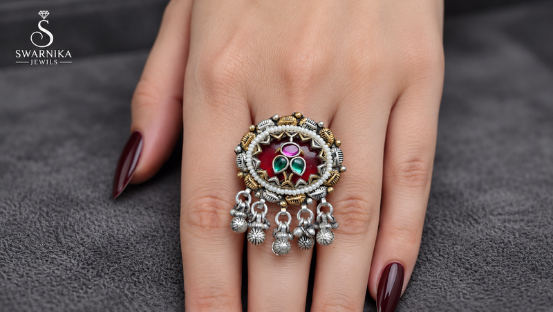 Ruby Red Pearl Oxidised Medallion Ring