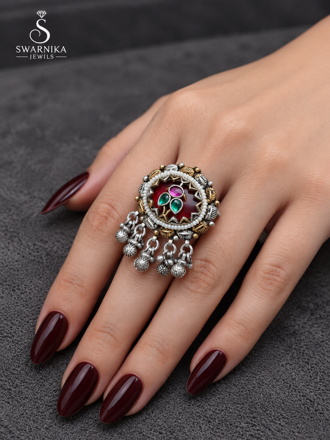 Ruby Red Pearl Oxidised Medallion Ring view 2