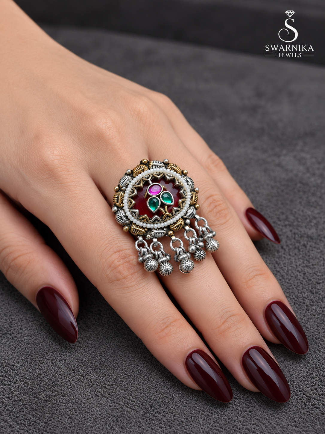 Ruby Red Pearl Oxidised Medallion Ring view 3