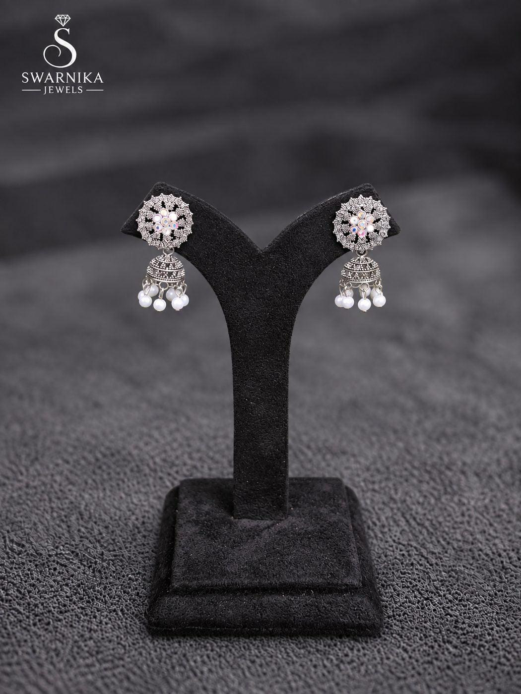 Scallop Edge Crystal Bell Mini Jhumkas view 1