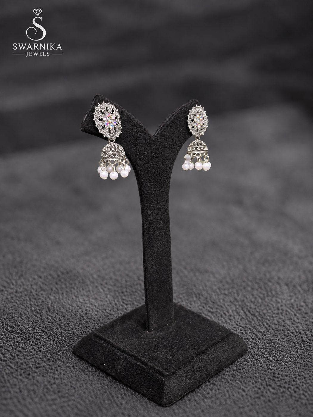 Scallop Edge Crystal Bell Mini Jhumkas view 2