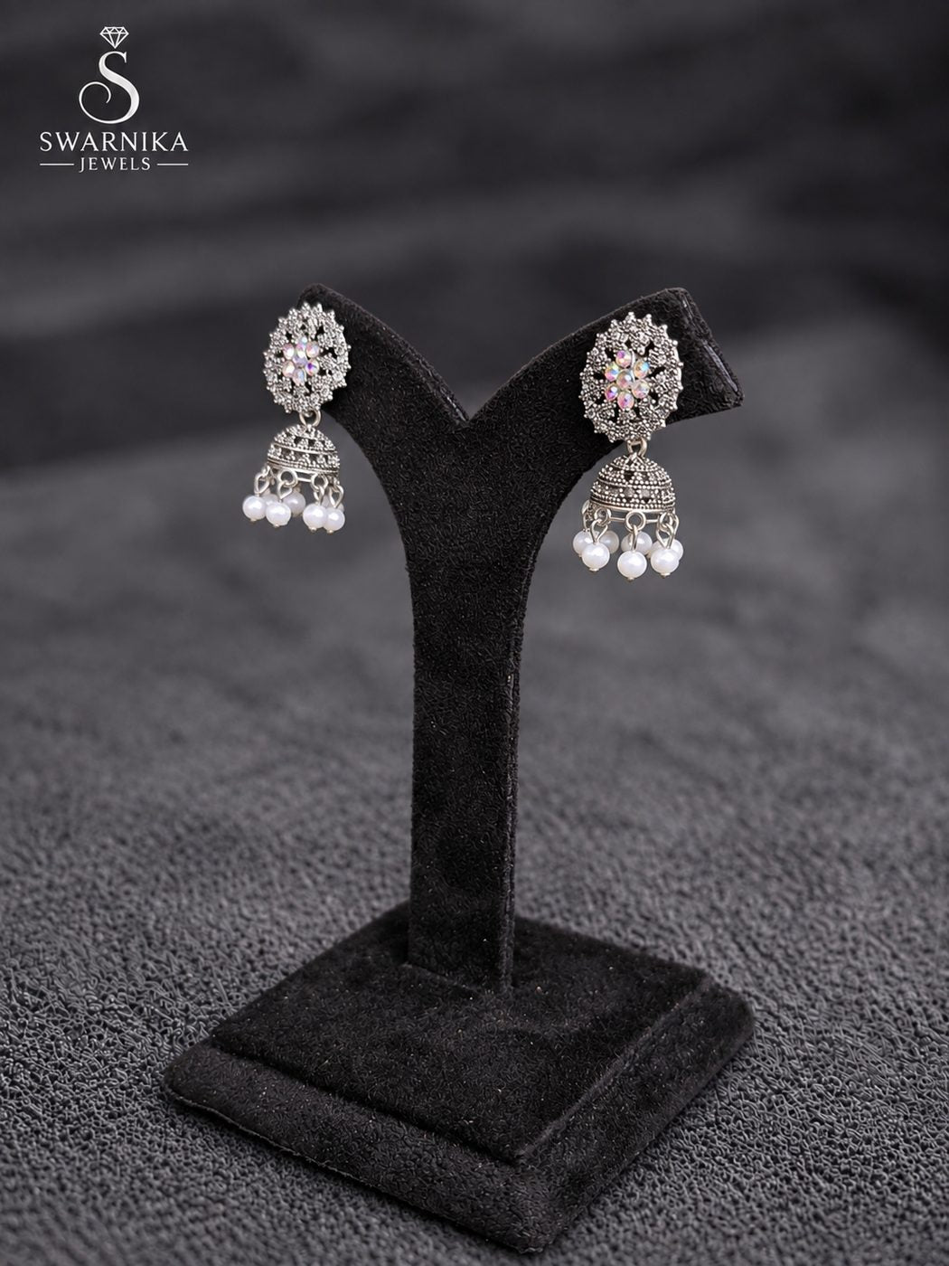 Scallop Edge Crystal Bell Mini Jhumkas view 3