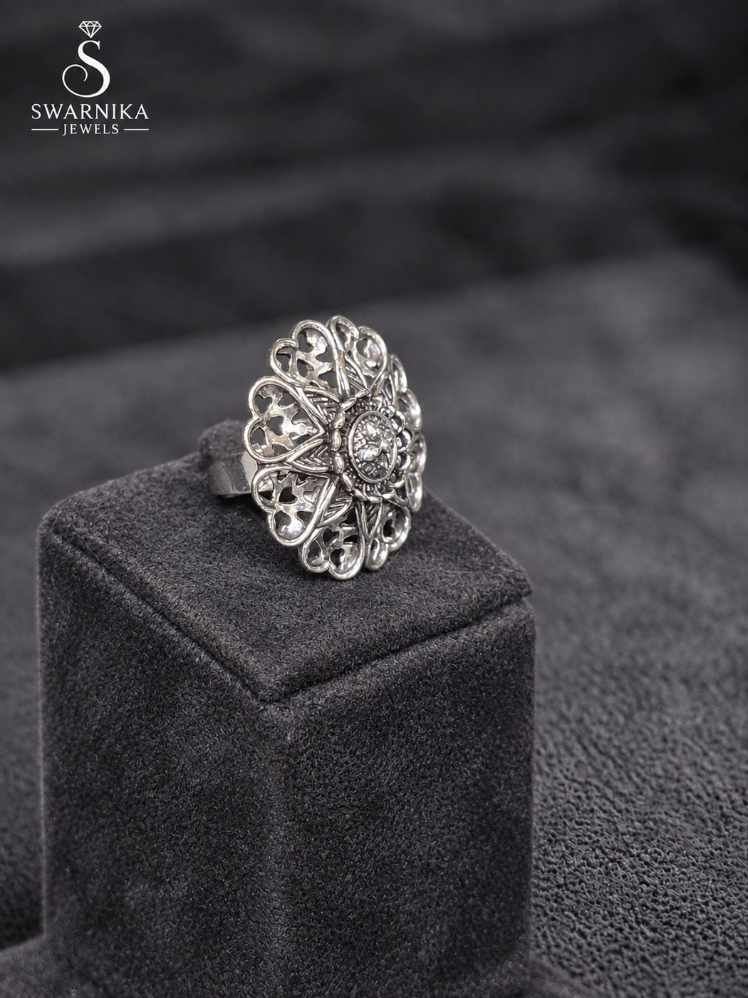 Scallop Edge Oxidised Cocktail Ring view 2