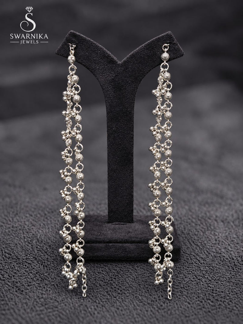 Silver Tone Pearl Ladder Chain Earrings