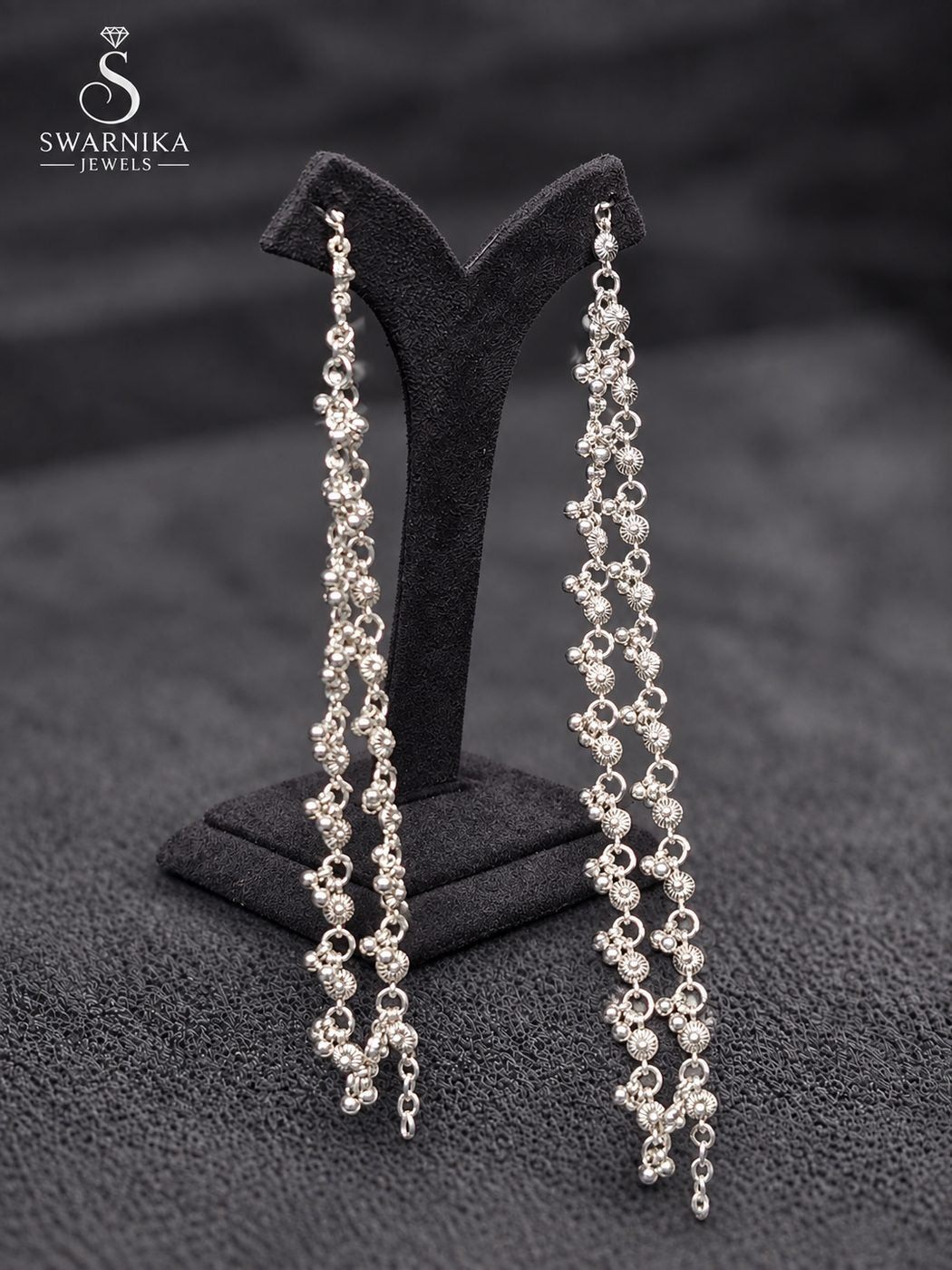Silver Tone Pearl Ladder Chain Earrings view 2