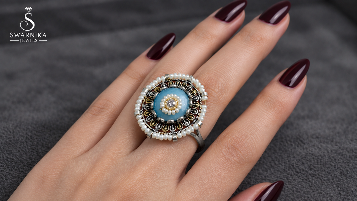 Sky Blue Pearl Dual-Tone Cocktail Ring view 1