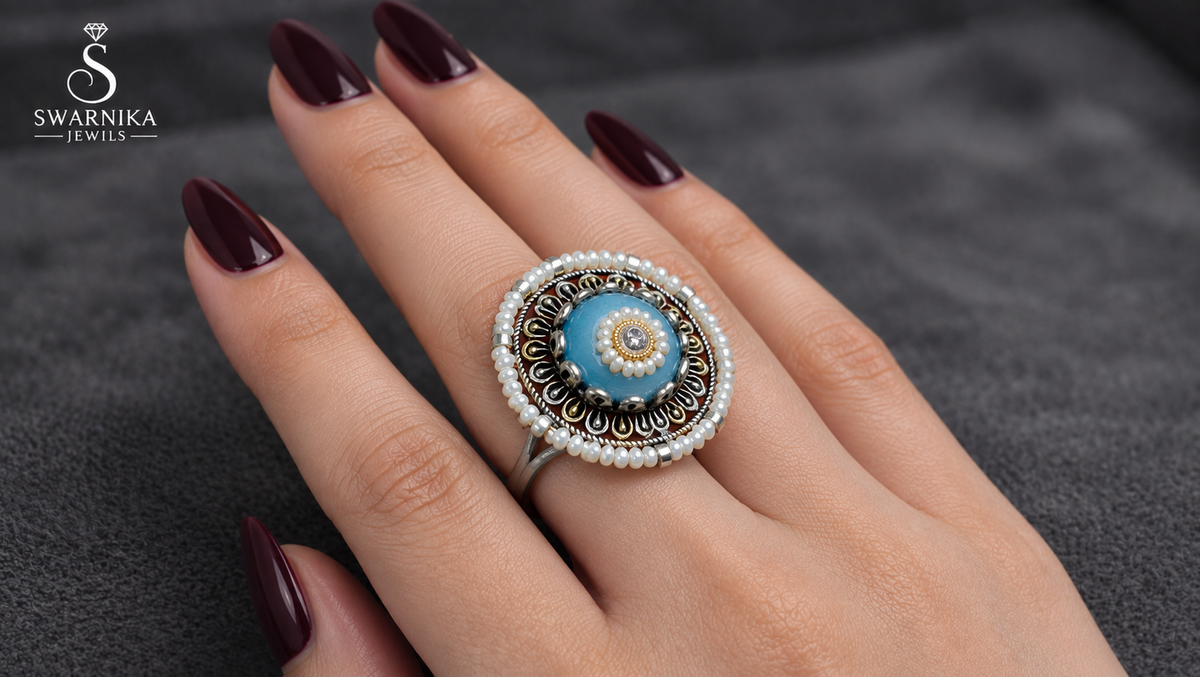 Sky Blue Pearl Dual-Tone Cocktail Ring view 2
