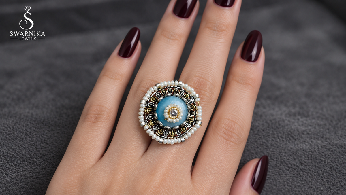 Sky Blue Pearl Dual-Tone Cocktail Ring view 3