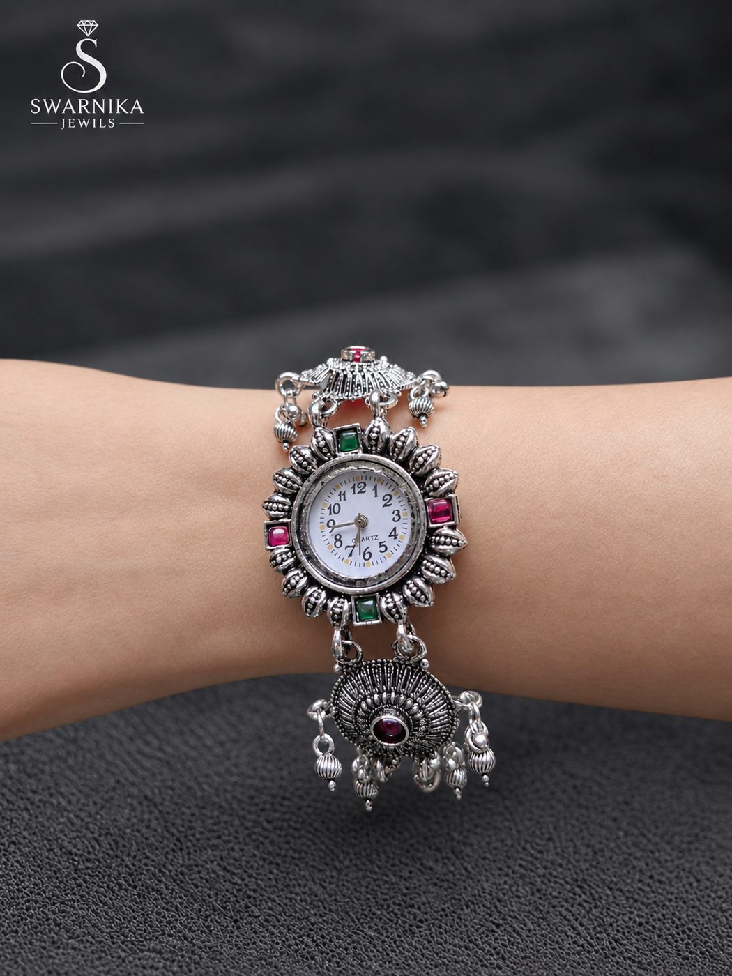 Sunburst Bezel Ruby Green Oxidised Watch view 1
