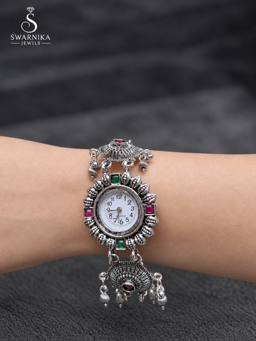 Sunburst Bezel Ruby Green Oxidised Watch view 2