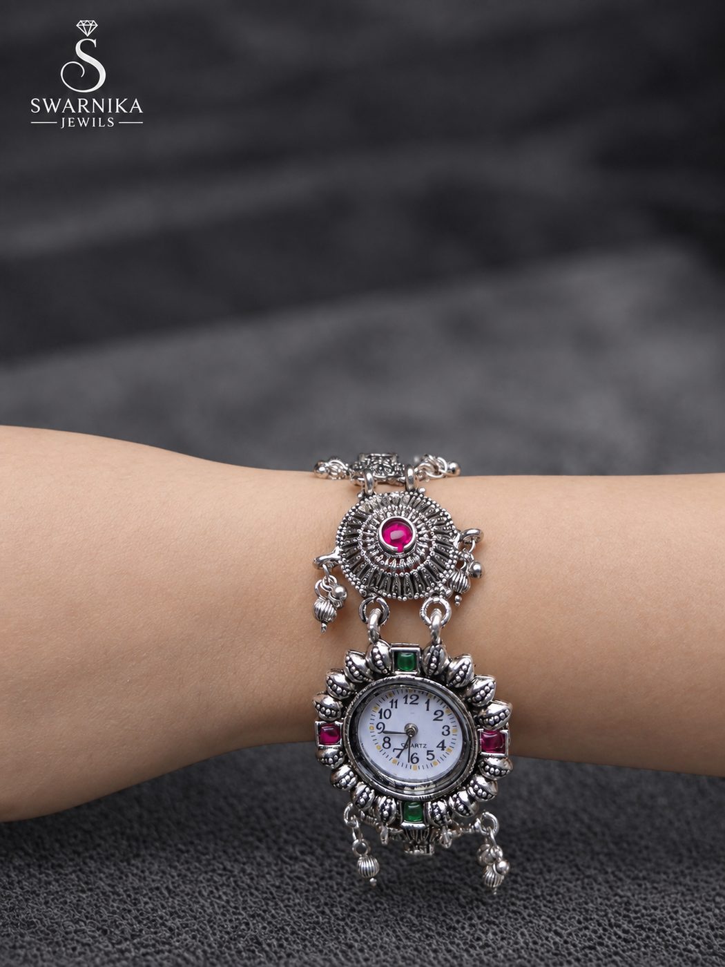 Sunburst Bezel Ruby Green Oxidised Watch view 4