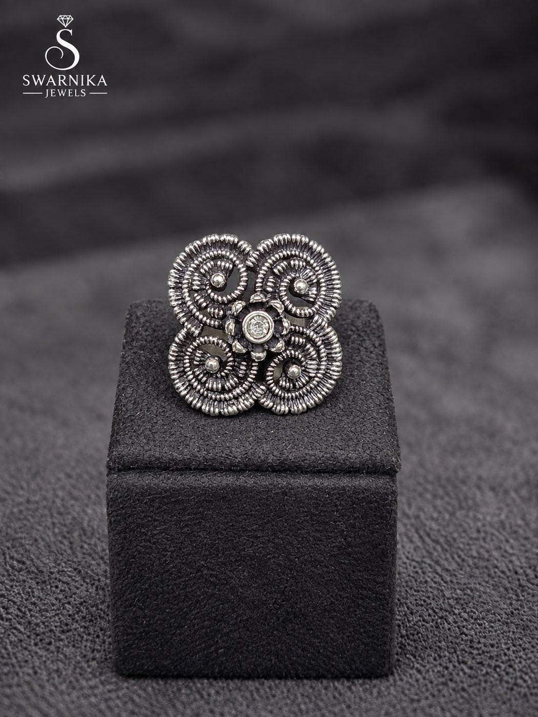 Sunburst Floral Oxidised Ring view 1