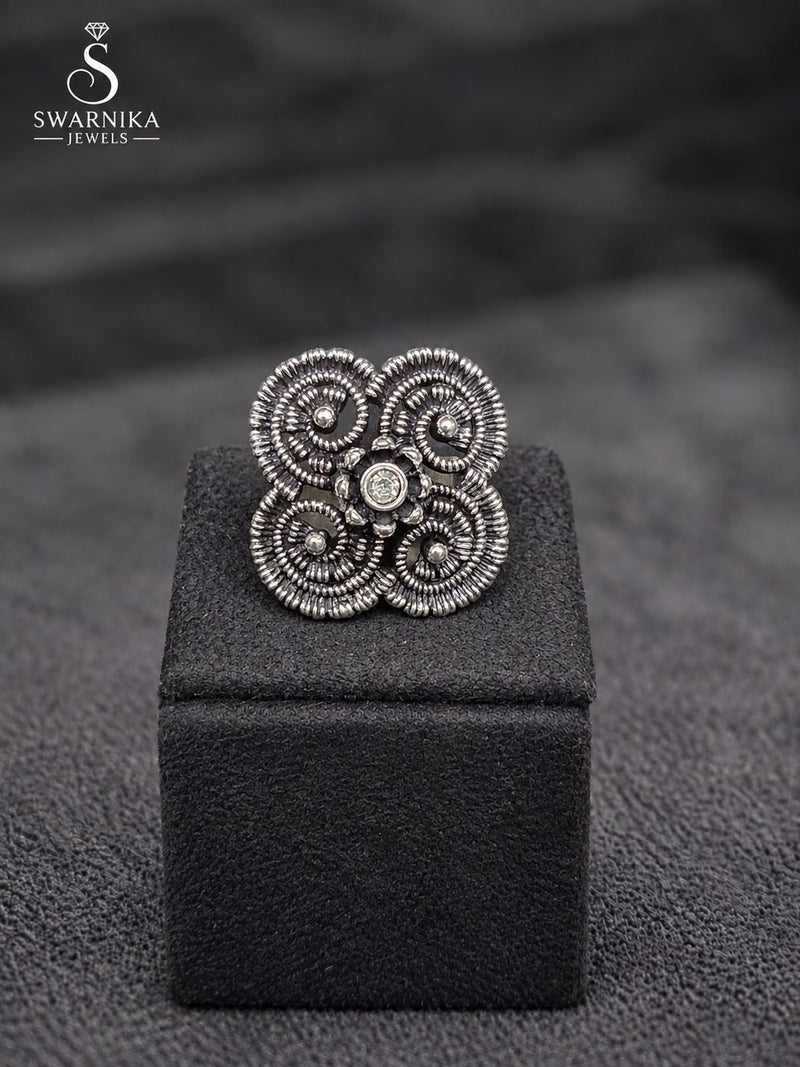 Sunburst Floral Oxidised Ring