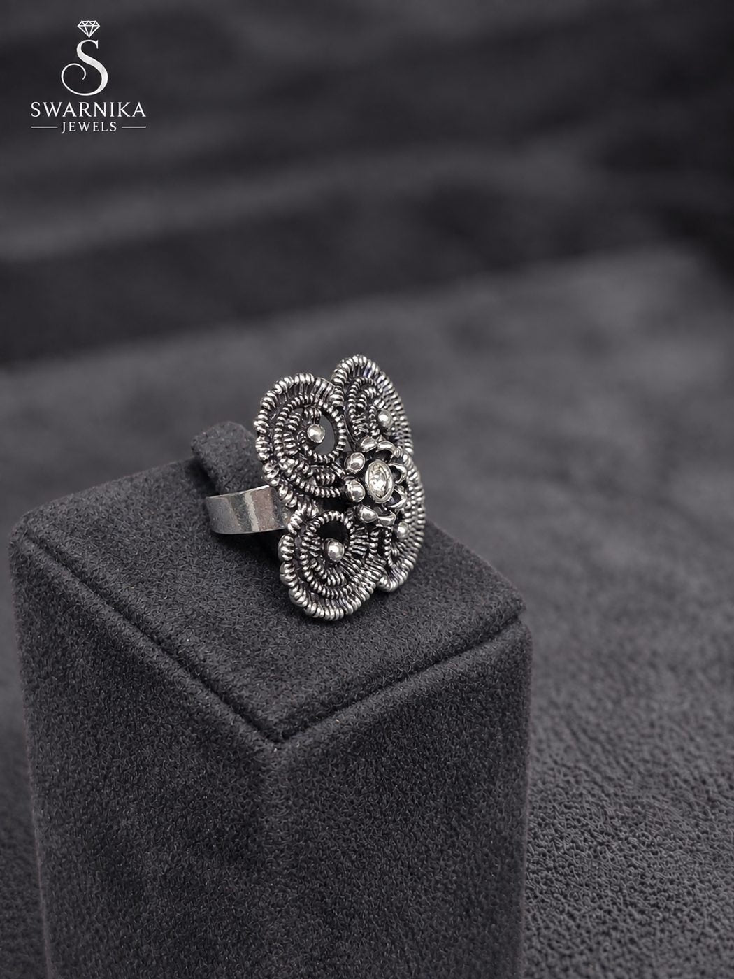 Sunburst Floral Oxidised Ring view 2