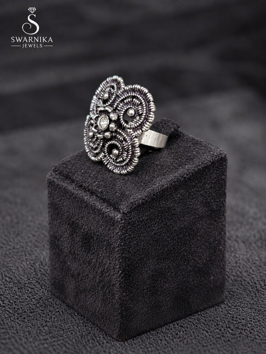 Sunburst Floral Oxidised Ring view 3