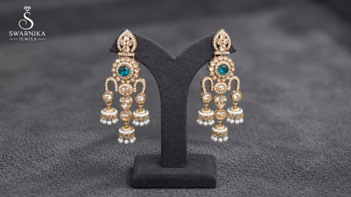 Teal Pearl Polki Chandelier Jhumkas view 1