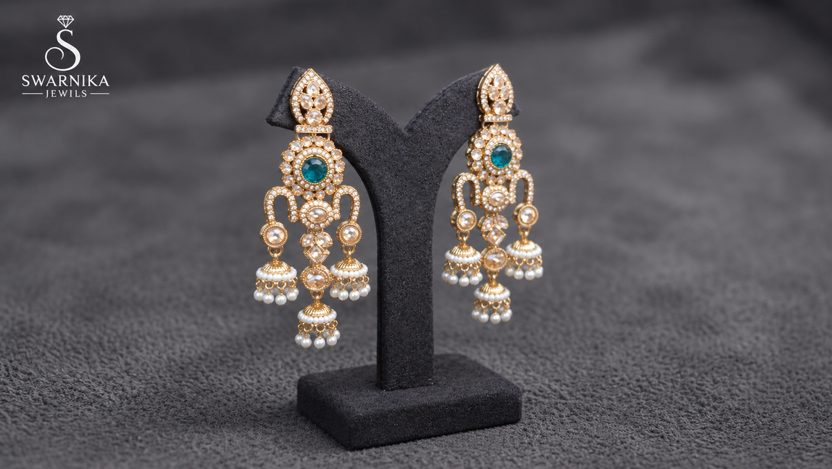 Teal Pearl Polki Chandelier Jhumkas view 2